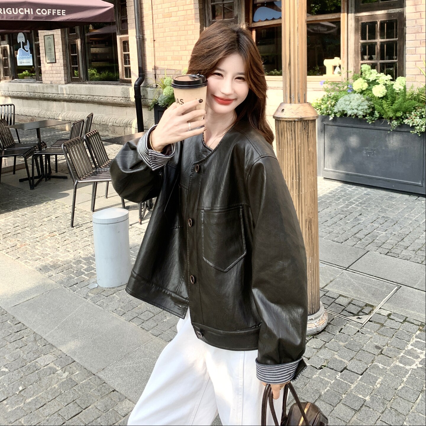 美式复古黑色圆领皮衣外套女2025春秋新款高级感bf风机车风夹克潮,女装短外套,2C166