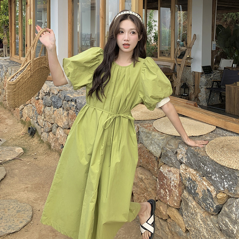 法式复古泡泡袖桔梗连衣裙女2025夏季新款韩版收腰显瘦茶歇长裙子,女装连衣裙,2C122