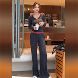 慵懒风一整套穿搭女春季时尚休闲撞色拼接长袖上衣阔腿长裤两件套，女装套装/套裙，2C310