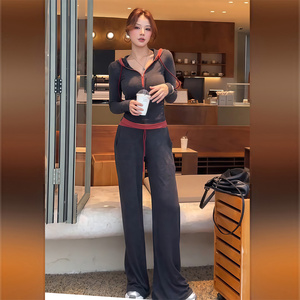 慵懒风一整套穿搭女春季时尚休闲撞色拼接长袖上衣阔腿长裤两件套图片