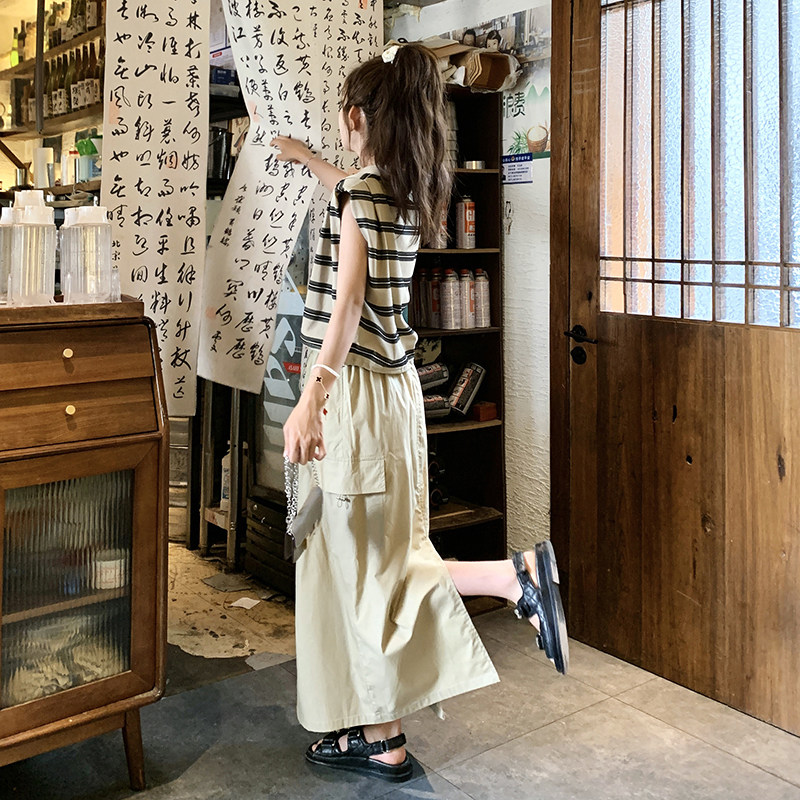 酷飒拽姐套装裙女2025夏季新款休闲条纹无袖上衣工装半身裙两件套,女装套装/套裙,2C166