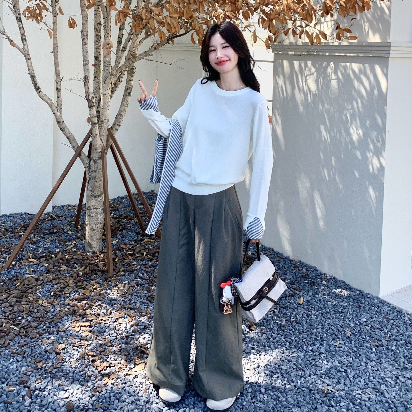 时尚披肩条纹毛衣阔腿裤两件套女2025秋季新款别致漂亮超火套装,女装套装/套裙,2C135