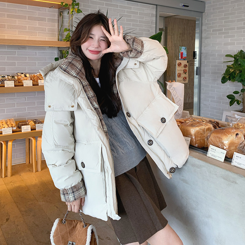 格子拼接连帽羽绒服女冬季2025新款高级感加厚设计感小众美式复古,女装羽绒服,2C073