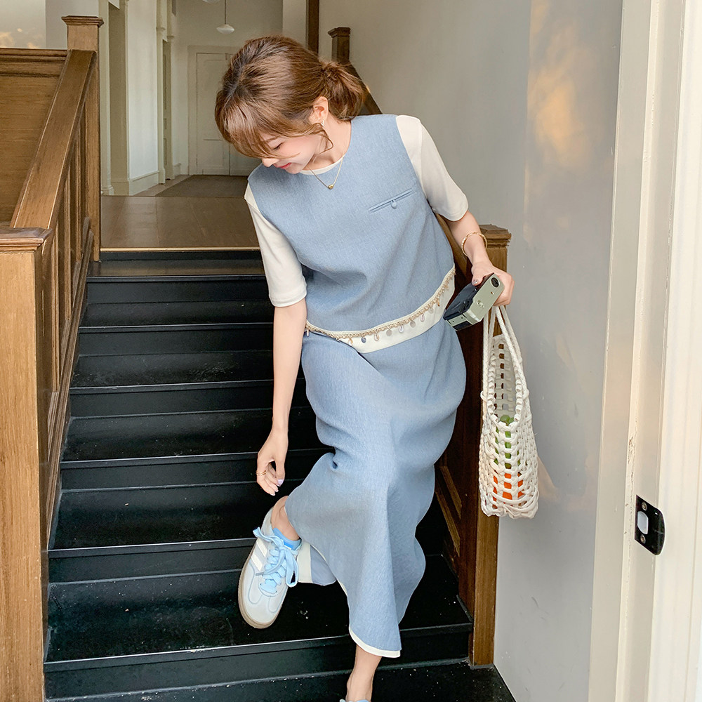 韩版度假风圆领无袖马甲+半身裙两件套女2025春夏新款百搭套装潮,女装套装/套裙,2C166