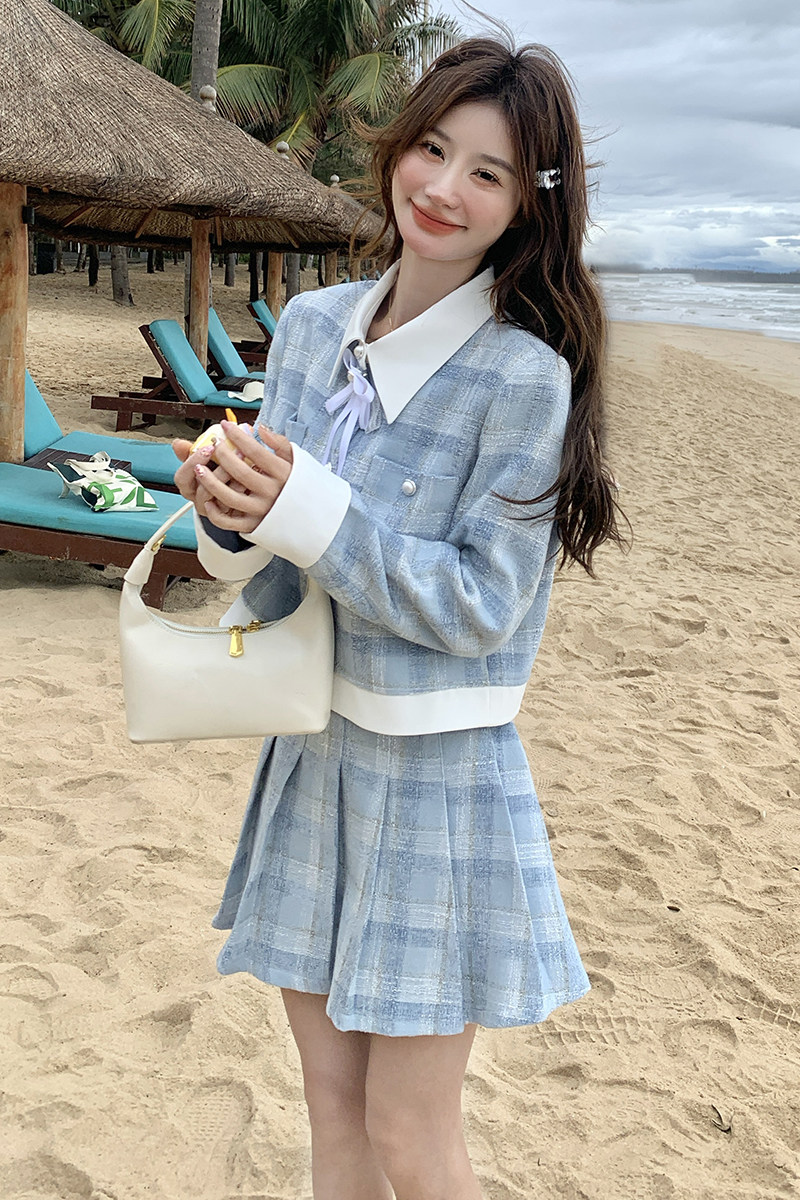 春秋穿搭2025新款小香风复古polo领拼接套裙半身裙套装女,女装套装/套裙,2C218
