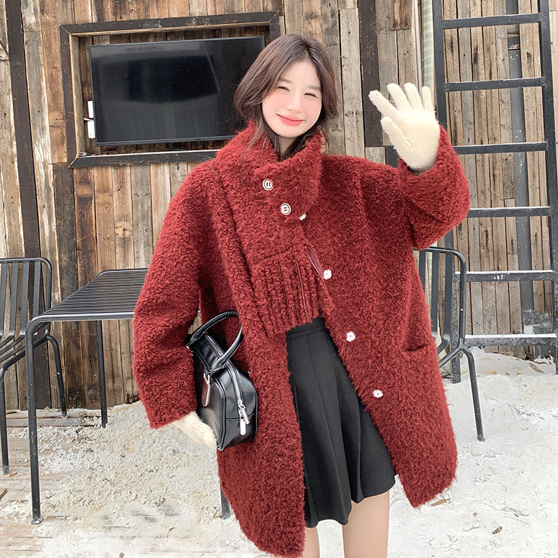 安可拉红围巾款皮毛一体羊羔毛外套女冬加厚棉服6092P225k328，女装棉衣/棉服，2C166