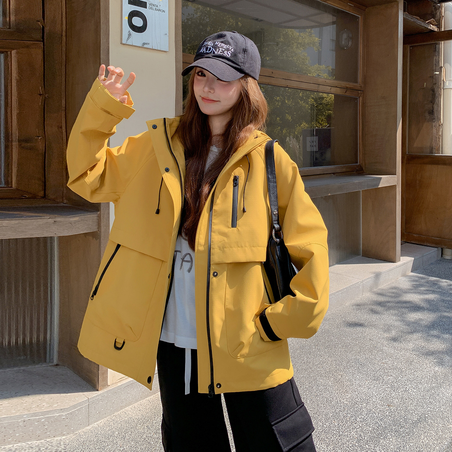 韩系撞色拼接休闲黄色冲锋衣外套女春秋2025新款小个子减龄巨好看,女装大码女装,2B154