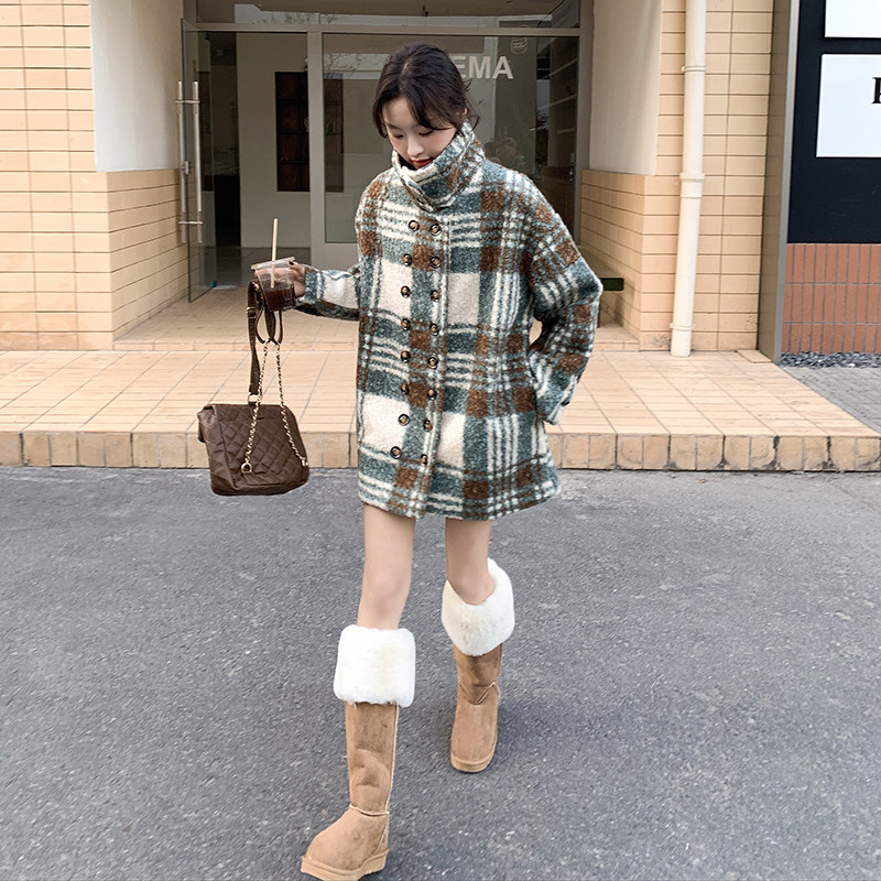 现货~~！！蓝色复古格纹毛呢外套女小个子加厚呢大衣P165,女装短外套,2C262