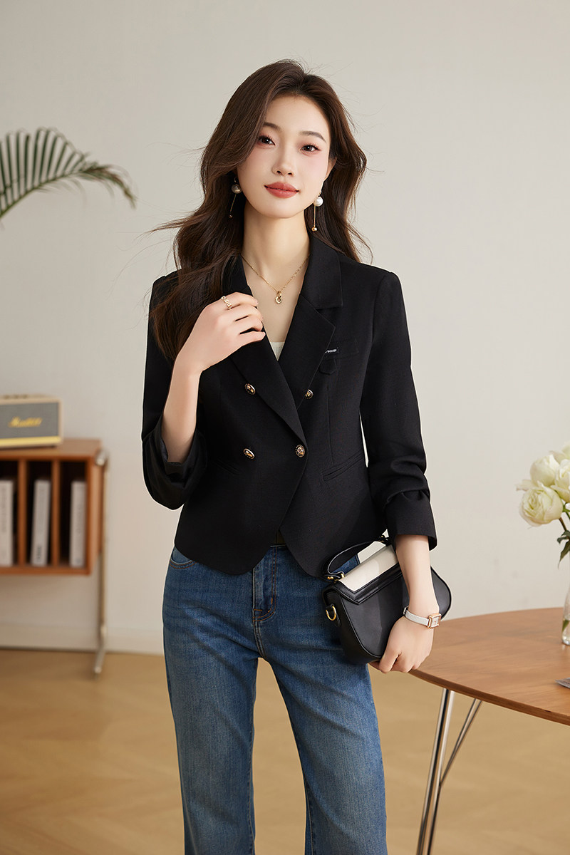 洋气粉色西装外套女2024春秋新款修身显瘦小个子气质百搭西服上衣,女装短外套,英标秀（1C119）