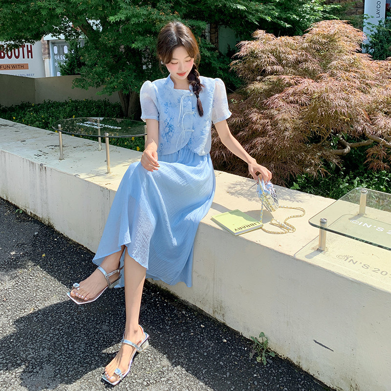 新中式国风盘扣印花上衣套装女2025夏季新款显瘦a字半身裙两件套,女装套装/套裙,2D148