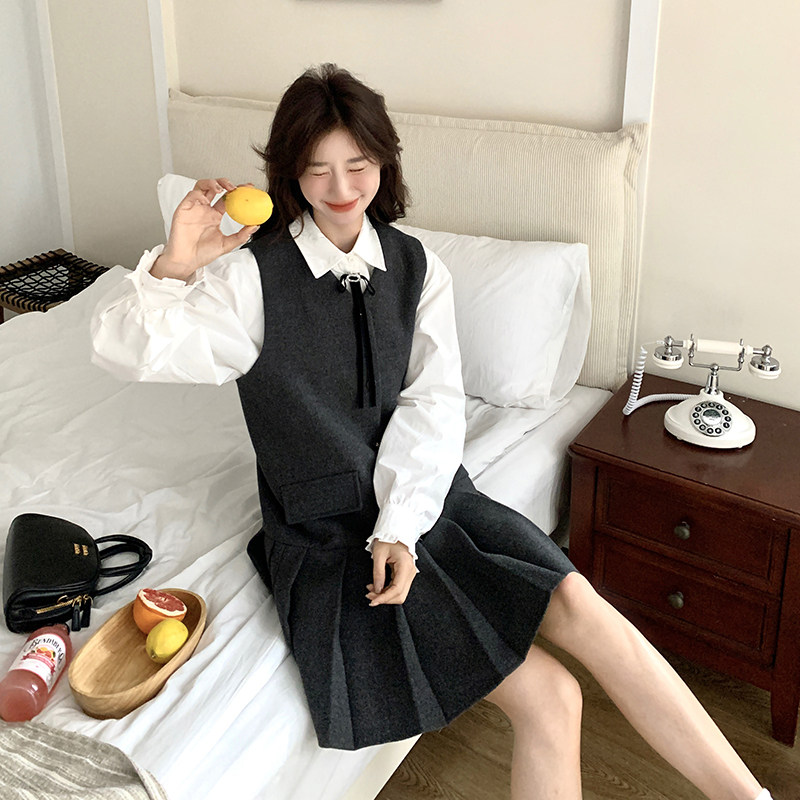 韩系减龄衬衫背心裙套装女春秋连衣裙两件套百褶裙学院风小个子,女装套装/套裙,2C166