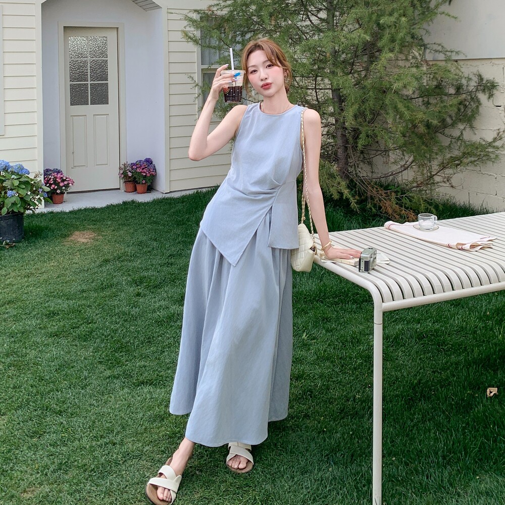 法式度假风半身裙套装女2025夏季新款时尚圆领宽松无袖上衣两件套,女装套装/套裙,2C290