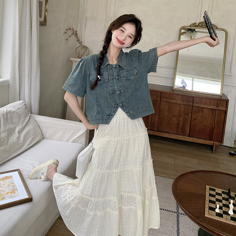 新品新中式风牛仔短袖上衣半身裙两件套2575-P135-K198,女装套装/套裙,2C159