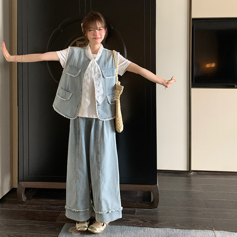 盐甜系穿搭蕾丝飘带牛仔套装女2025春季新款超火马甲阔腿裤两件套,女装套装/套裙,2C177
