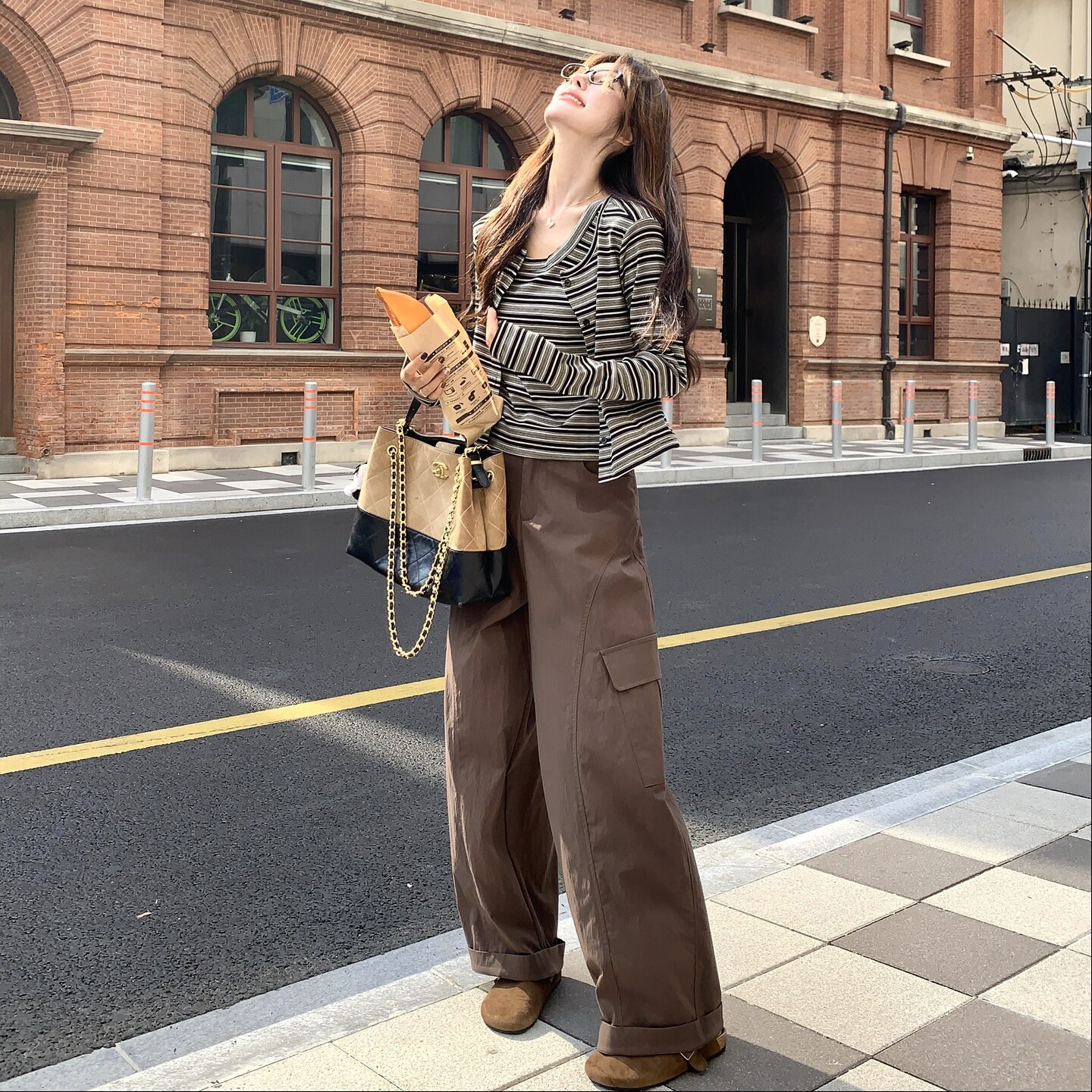 复古条纹开衫套装女2025秋季新款韩系老钱风穿搭背心阔腿裤三件套,女装套装/套裙,2C166