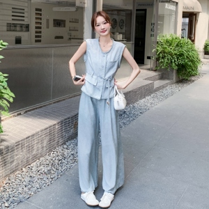 高级松弛感老钱风马甲套装女夏季2025新款薄无袖上衣阔腿裤两件套图片