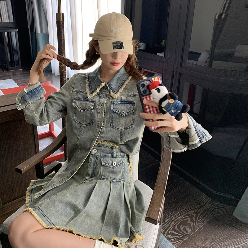 现货2C0287707P155K208复古百褶裙牛仔两件套,女装套装/套裙,2C028