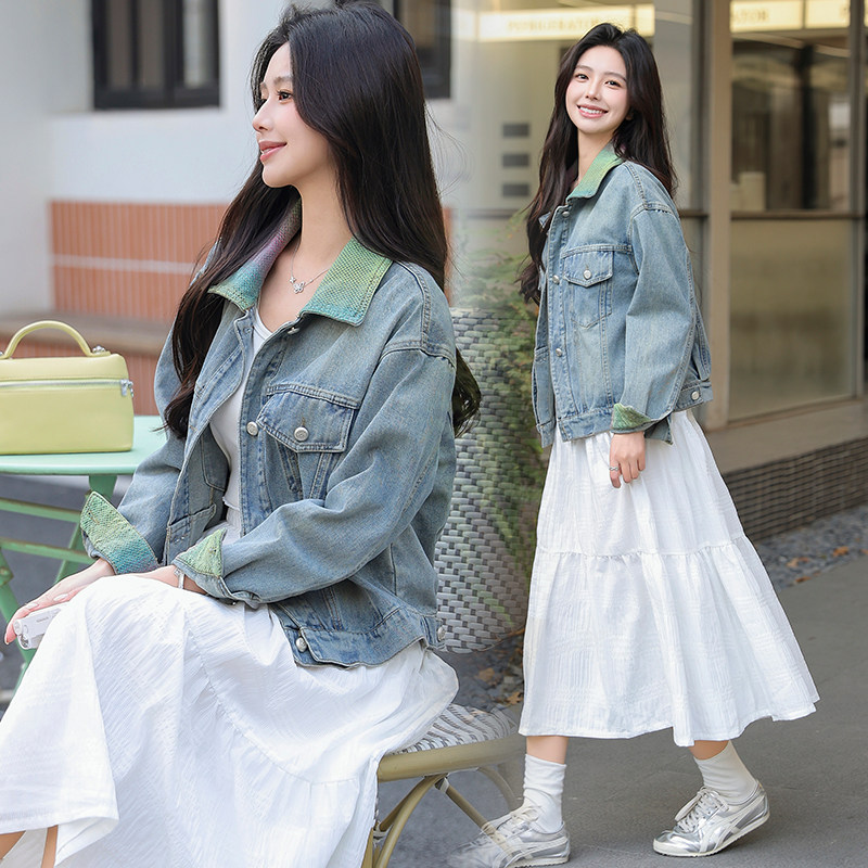 春装新款牛仔短款外套单排扣彩色翻领长袖拼接上衣,女装短外套,安在秀（1C042）