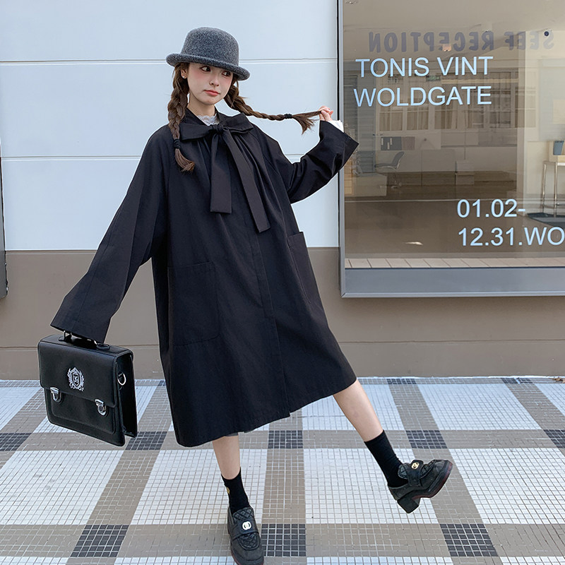 黑色蝴蝶结系带风衣外套女2025春秋季新款韩系学院风减龄流行大衣,女装风衣,2C016