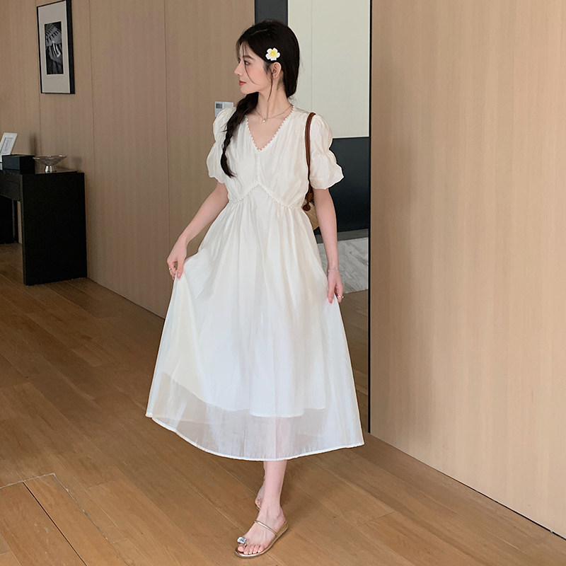 法式连衣裙女夏季2025年新款高级感收腰显瘦v领泡泡袖长裙,女装连衣裙,2C218