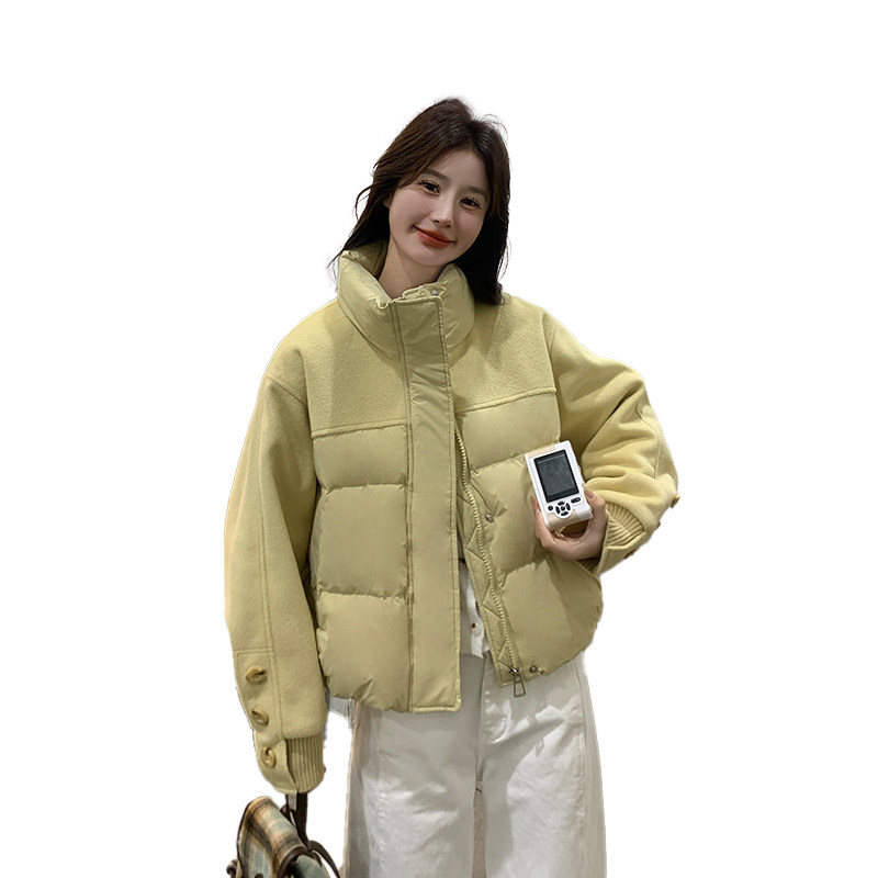 超好看黄色立领短款羽绒服女冬2024新款设计感毛呢拼接白鸭绒外套,女装羽绒服,2C126