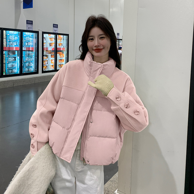 超好看黄色立领短款羽绒服女冬2024新款设计感毛呢拼接白鸭绒外套,女装羽绒服,2C126