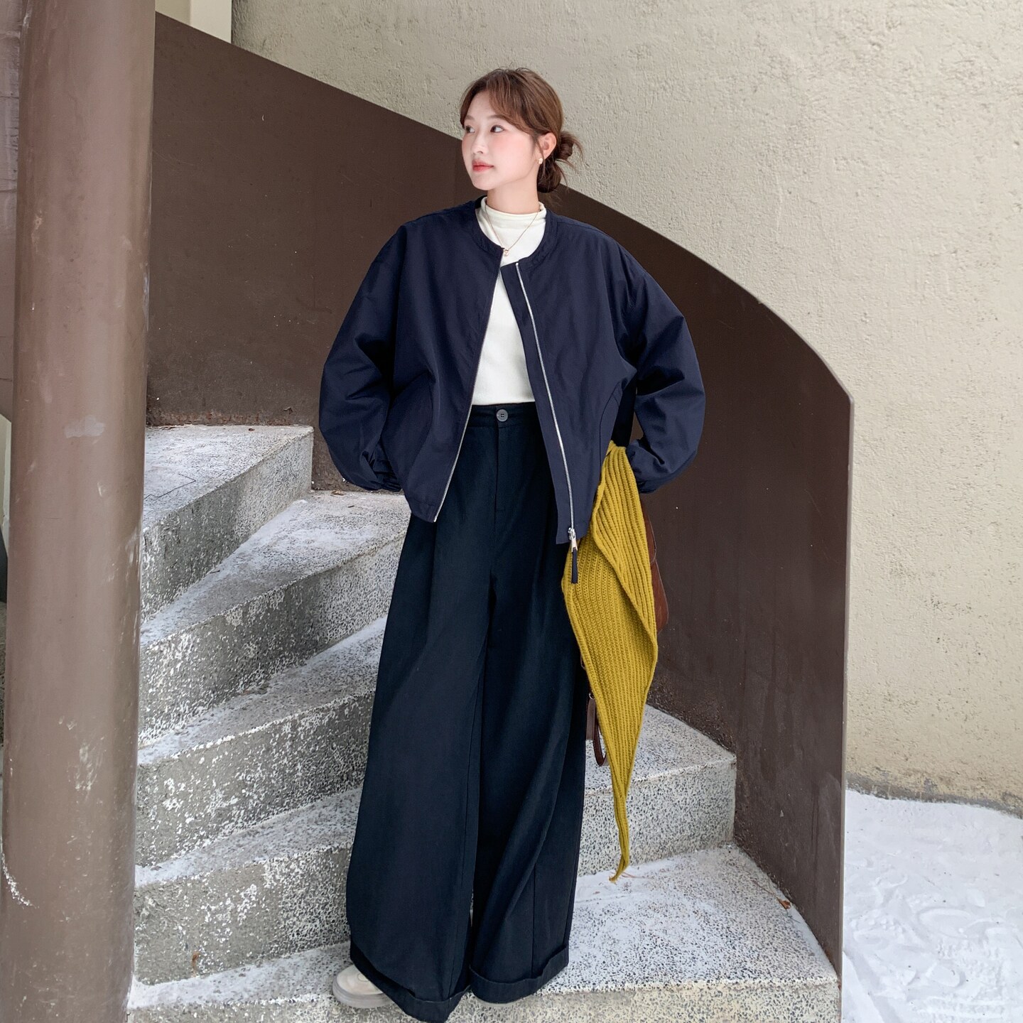 深蓝色韩系针织披肩短款棉服外套女2025冬小个子休闲保暖圆领棉衣图片