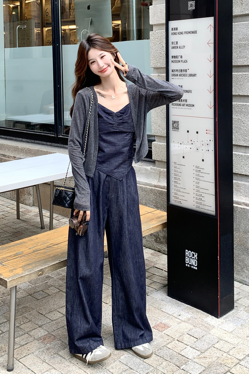 韩系气质通勤休闲风开衫套装女2026秋季新款吊带牛仔阔腿裤三件套,女装套装/套裙,2C159