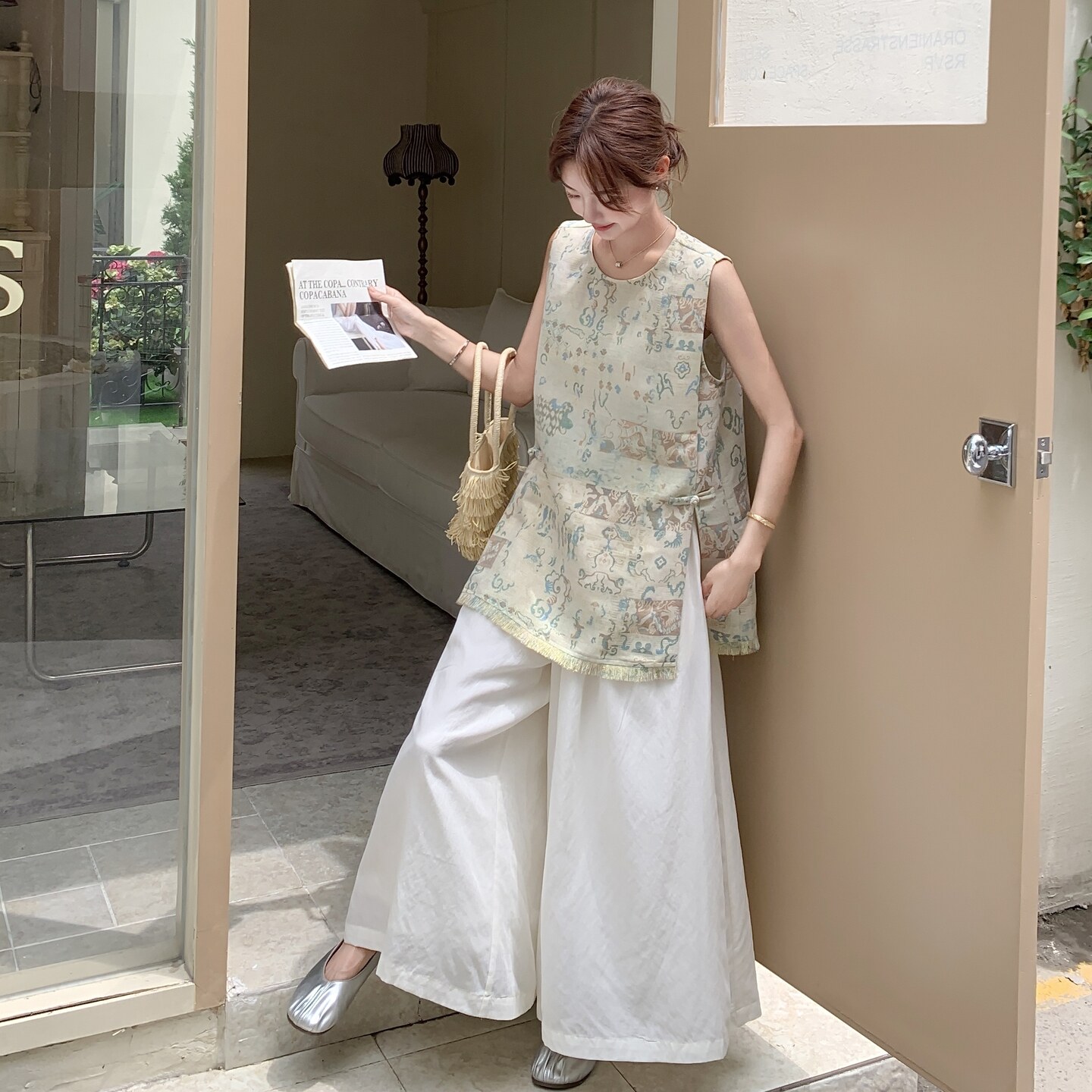 新中式国风印花背心阔腿裤套装2025新款女夏超火好看高级感两件套,女装套装/套裙,2C166