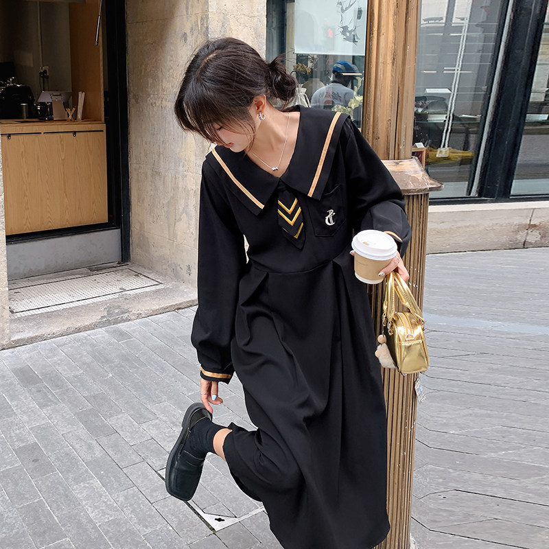 现货2025秋新款海军领黑色收腰显瘦连衣裙2C206-L12-P135-K188,女装连衣裙,2C206