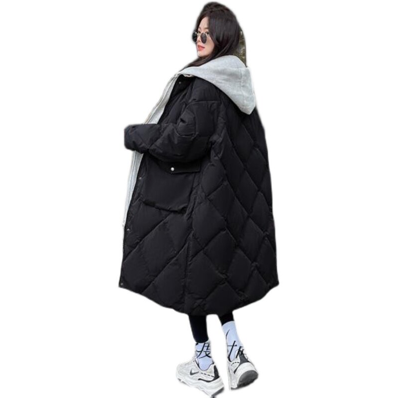 菱格假两件羽绒服女冬季中长款加厚韩系欧版过膝白鸭绒外套宽松,女装羽绒服,2C295