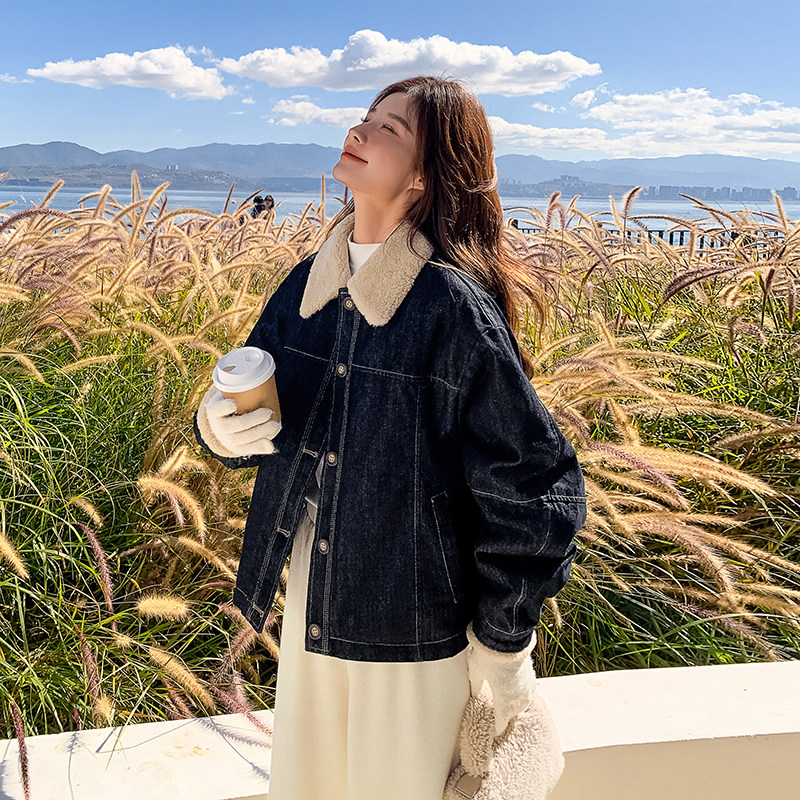 羊羔毛领牛仔羽绒服外套女冬季2025新款韩系高级感小个子美式复古,女装羽绒服,2C086