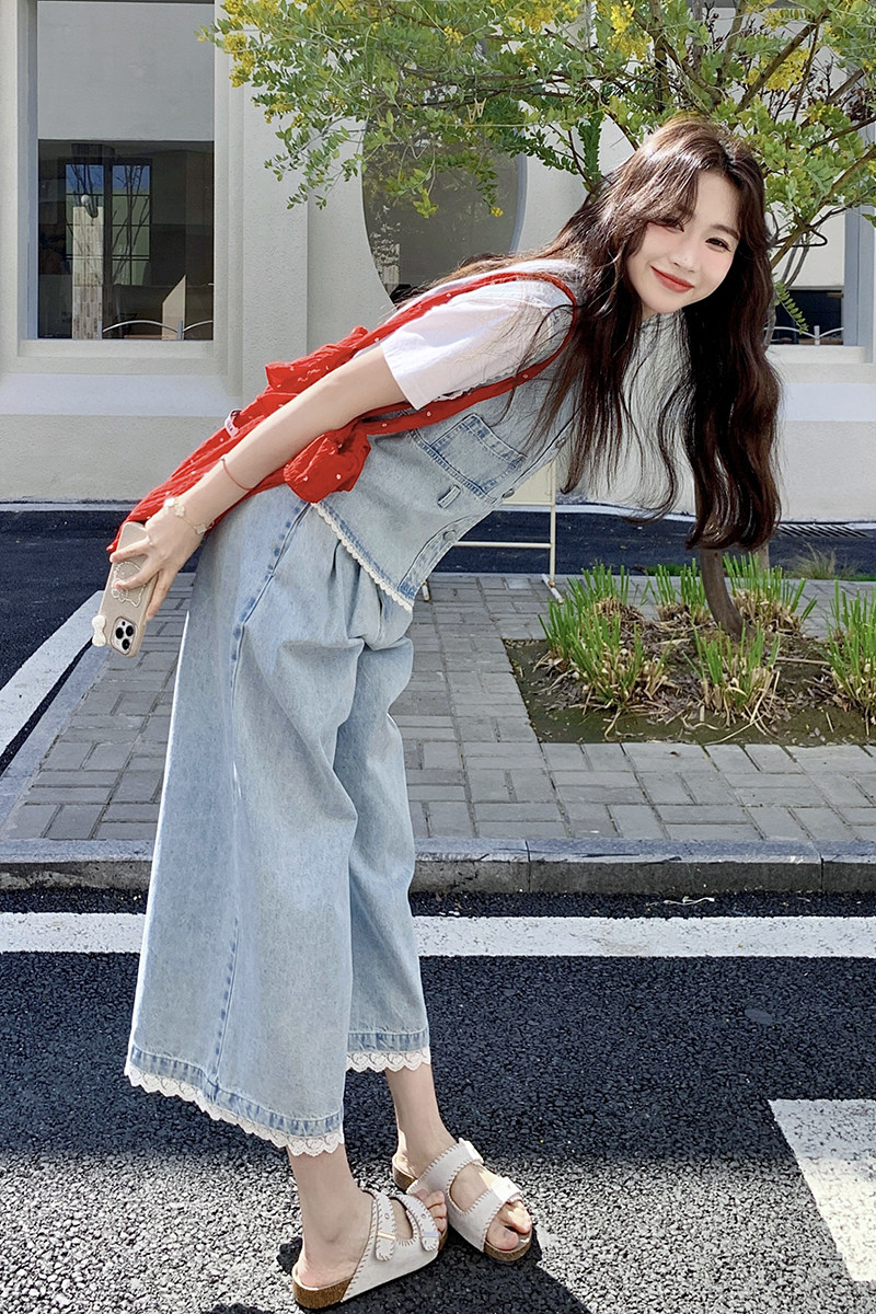 蕾丝花边拼接牛仔马甲套装女2025夏季港风复古小个子阔腿裤两件套,女装套装/套裙,2C159