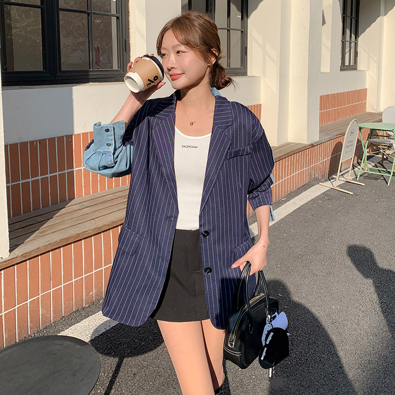 【秋装】复古时尚牛仔拼接条纹西装外套2D148-A121-P135K195,女装西装,2D148