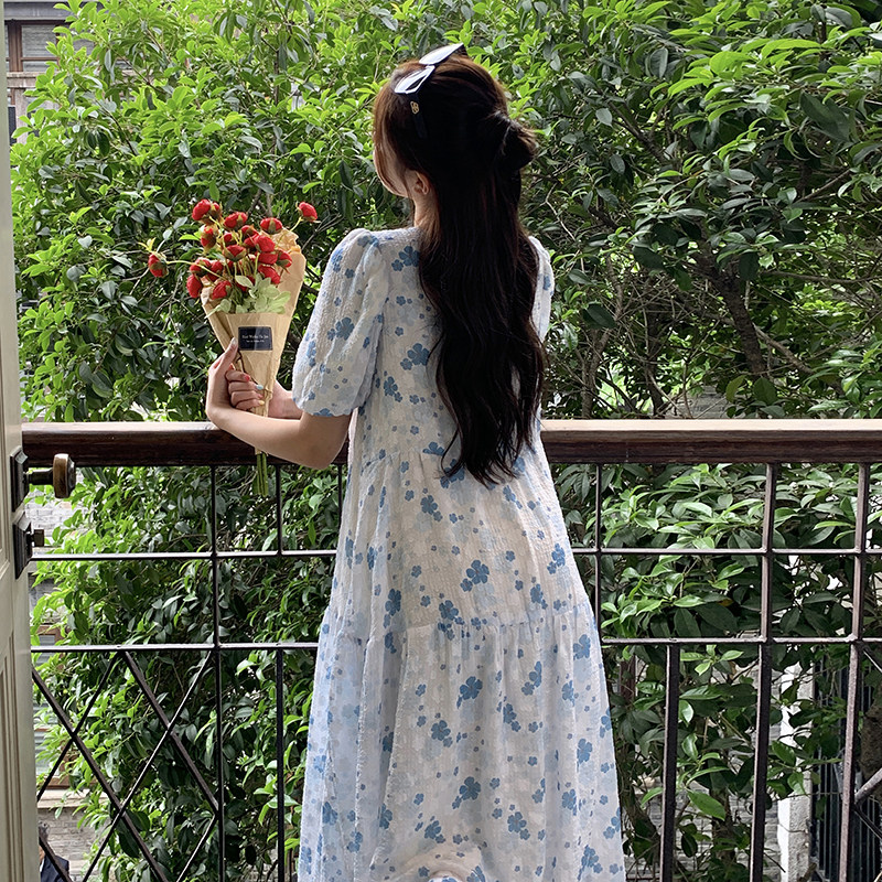 清新风蓝白色小碎花方领连衣裙女夏2025新款乖巧独特漂亮连身长裙,女装连衣裙,2C372
