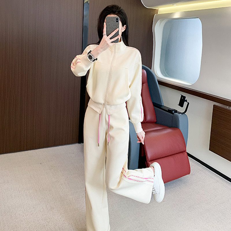 高端休闲运动拼接开衫卫衣阔腿裤两件套,女装套装/套裙,2C310