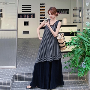 无袖条纹背心连衣裙T恤阔腿裤三件套女夏日绝美松驰感慵懒风超火图片