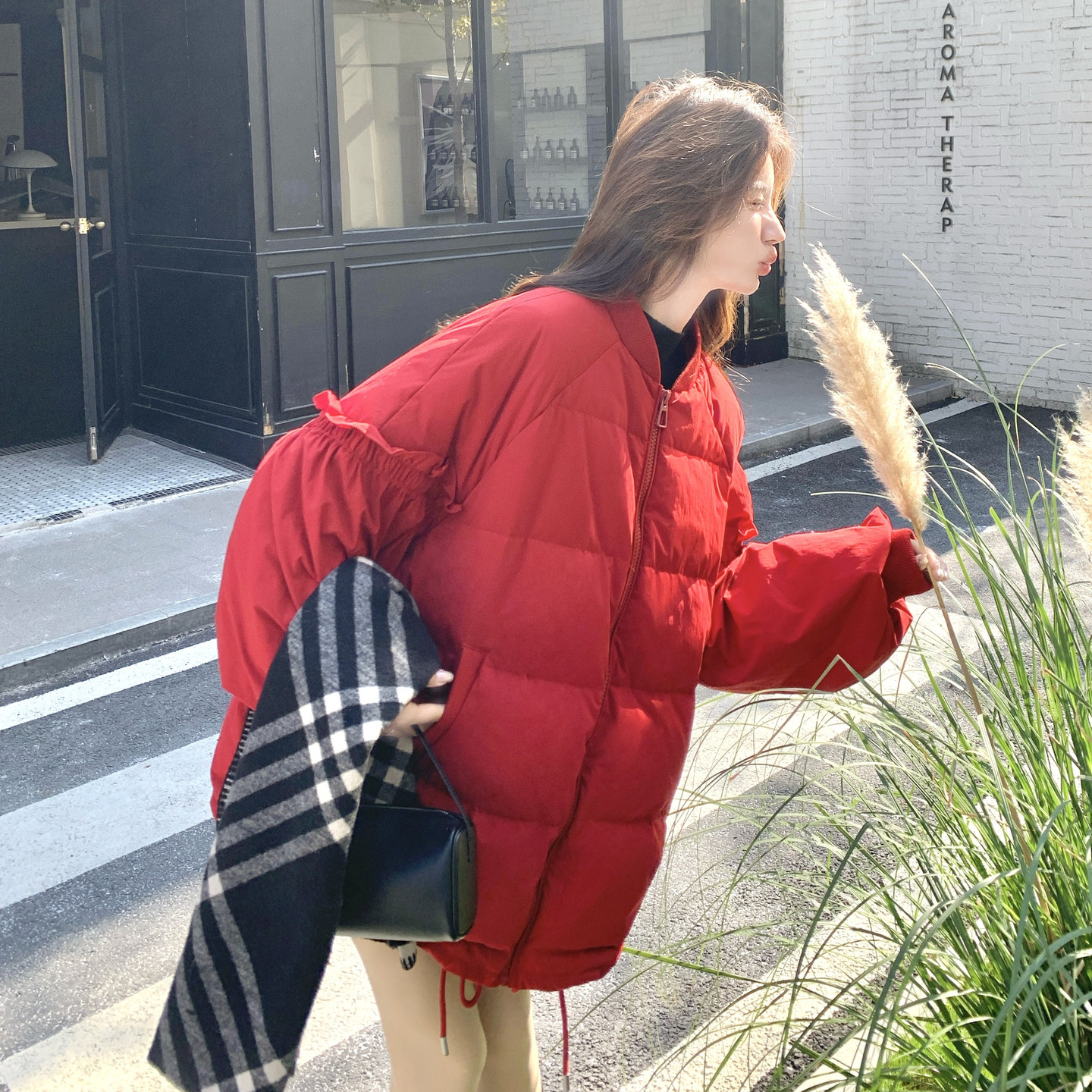 新年红色花边棒球羽绒服女2026新款韩版加厚宽松休闲90白鸭绒外套,女装羽绒服,2C166