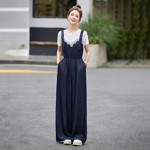 时尚蕾丝拼接背带裤套装女2025夏季洋气减龄短袖T恤阔腿裤两件套图片