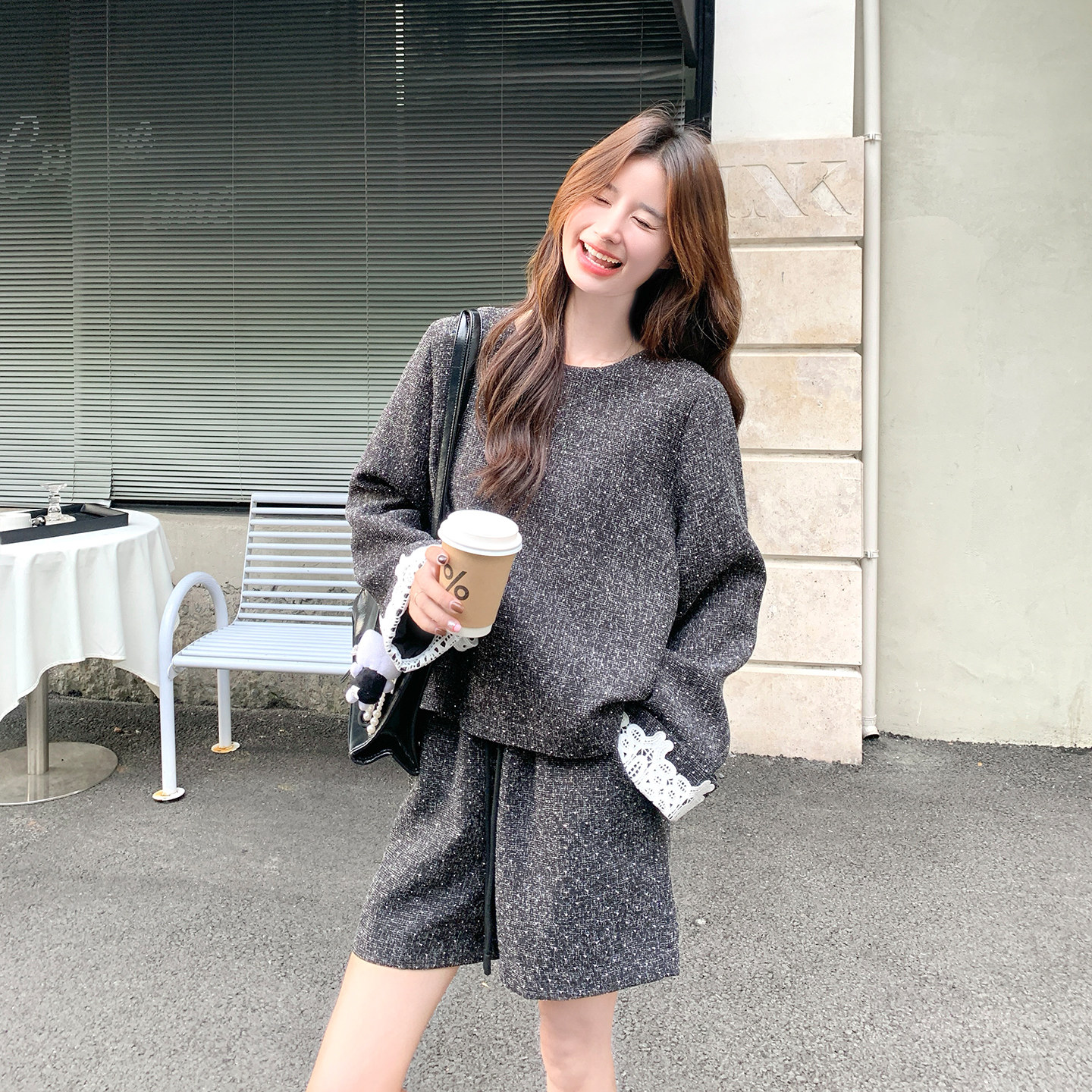 灰色波点小香风套装女2025秋季新款复古宽松外套短裤小个子两件套,女装套装/套裙,2D043