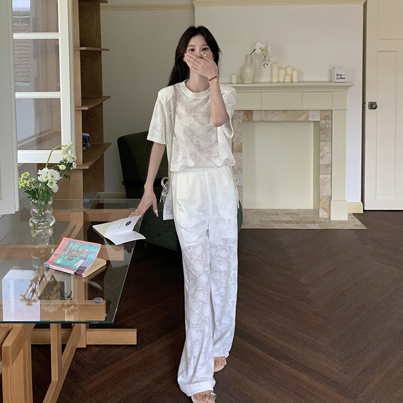 现货：夏装新款刺绣圆领开叉上衣阔腿裤两件套2C135-5099P145K208,女装套装/套裙,2C135