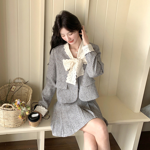 法式减龄两件套女2026春季新款蝴蝶结系带西装外套百褶裙套装图片