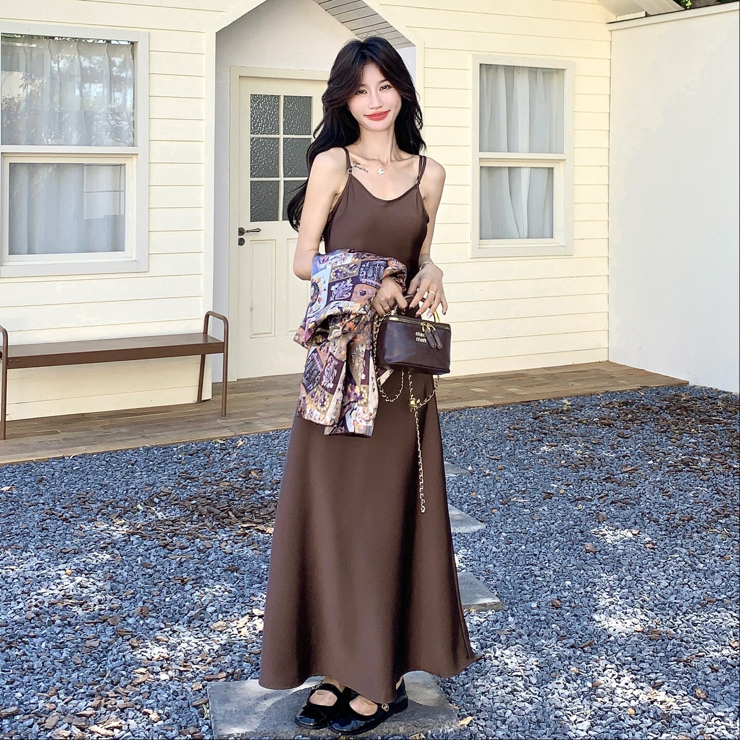 新中式印花外套吊带连衣裙套装女2025秋新款独特绝美度假风两件套,女装套装/套裙,2C135