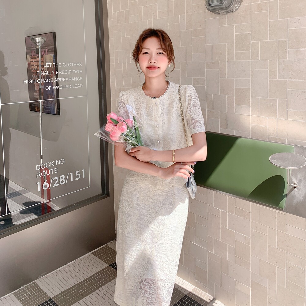 法式蕾丝刺绣短袖上衣半身裙套装女2025新款夏季温柔风淡人两件套,女装套装/套裙,2C212