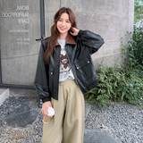 黑色撞色翻领皮衣外套女2025秋季新款韩系复古高级感休闲机车夹克，女装皮衣，2C177