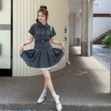 蕾丝拼接灰色波点连衣裙女夏2025新款收腰显瘦小个子衬衫裙俏皮，女装连衣裙，2C109