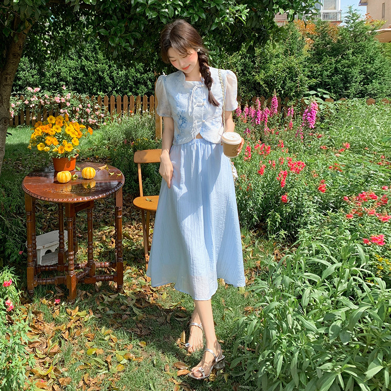 新中式国风盘扣印花上衣套装女2025夏季新款显瘦a字半身裙两件套,女装套装/套裙,2D148