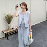 2025夏季法式气质淡人蕾丝花边拼接马甲背心女温柔高腰半身裙套装，女装套装/套裙，2C259
