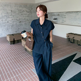 深蓝色不规则牛仔衬衫阔腿裤套装2025新款女夏韩系chic别致两件套，女装套装/套裙，2C375