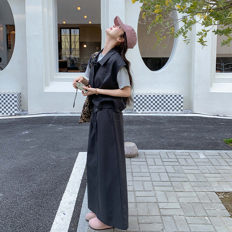 深灰色工装休闲套装裙女2025新款夏季穿搭一整套显瘦半身裙两件套,女装套装/套裙,2D109